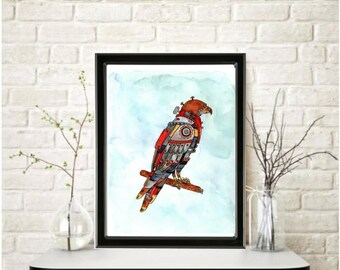 Original STEAMPUNK MECHANICAL HAWK Watercolor Painting: Signed Art