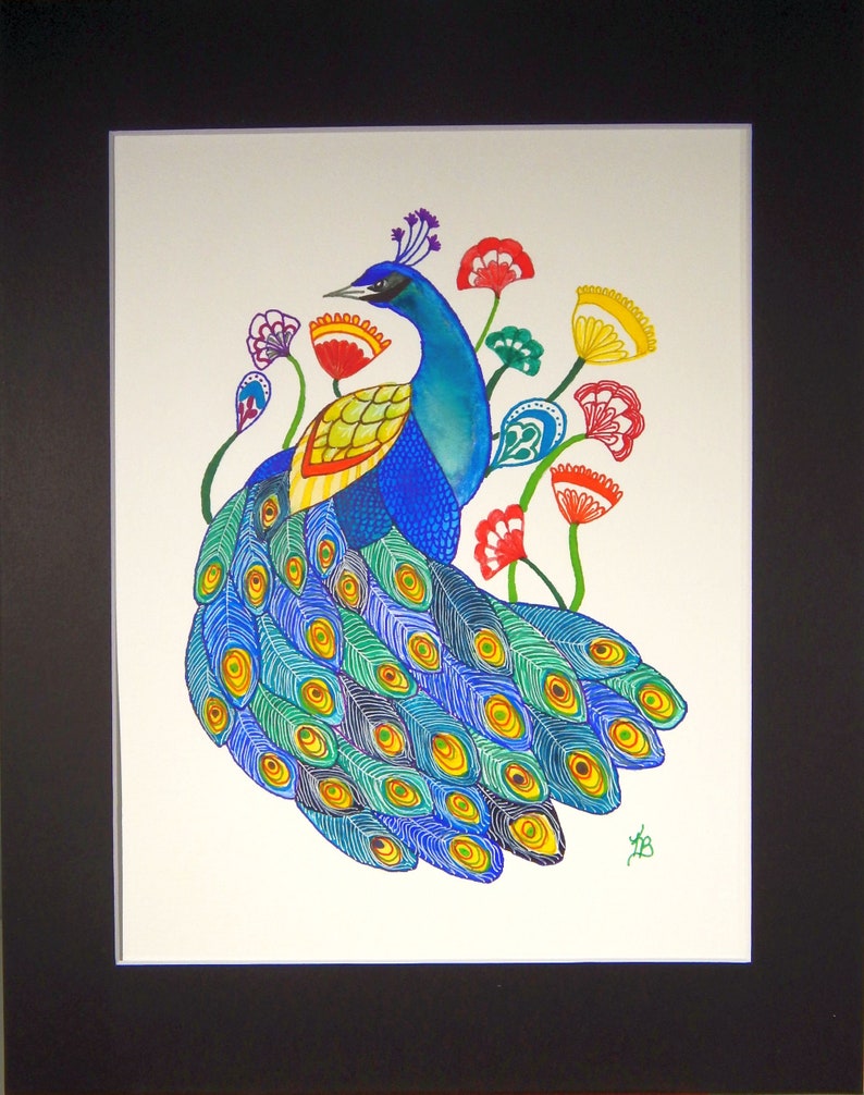 Watercolor Painting Stylized Peacock and Florals Mounted/Matted Modern Art Nursery Office Art image 3