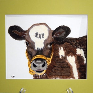 Barnyard Farm Cow Calf Original Watercolor Painting Mounted and Matted Home Nursery Decor Wall Art