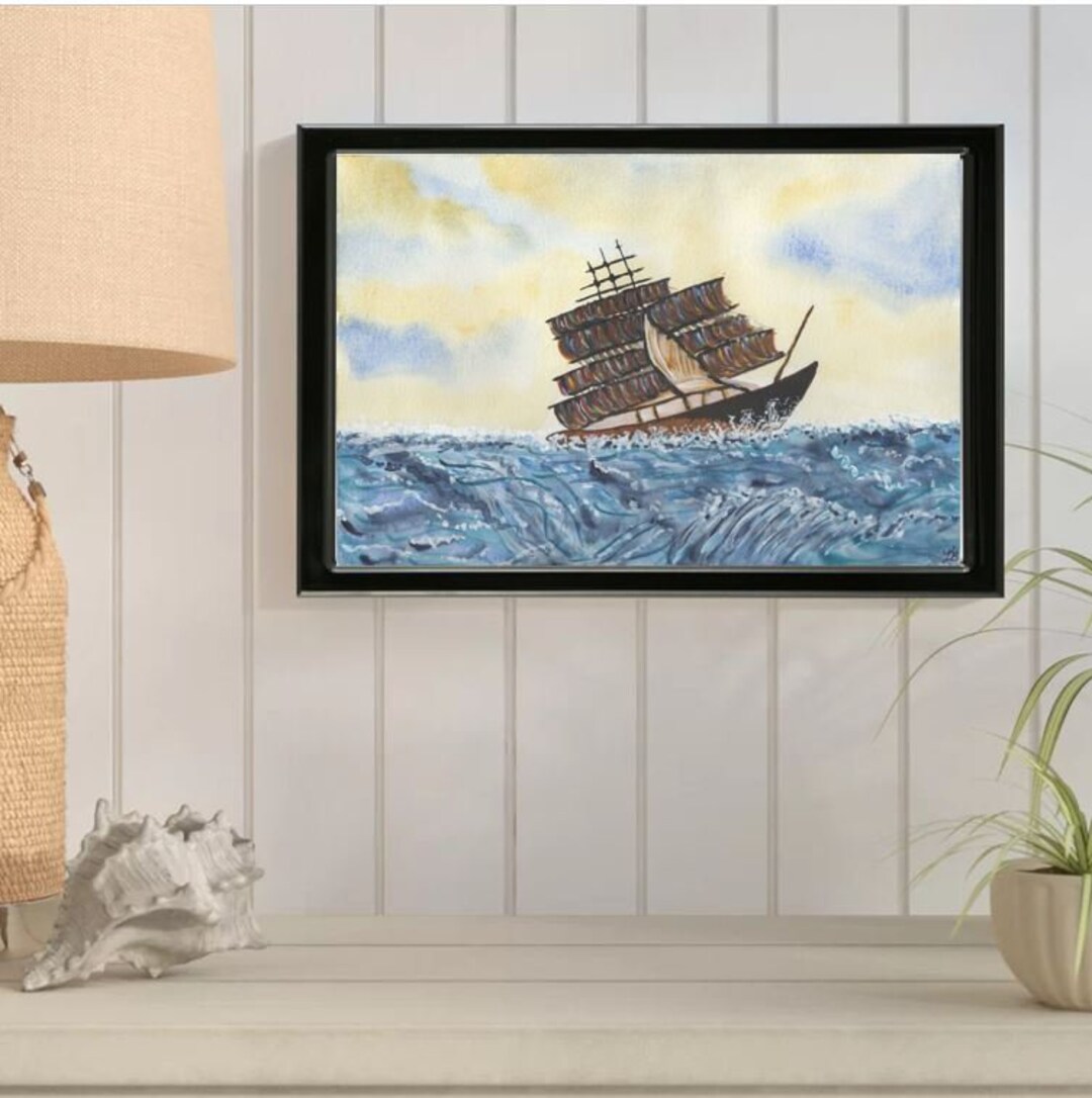 OLD SAILING SHIP at Full Sail on Ocean Watercolor Painting Home Decor ...