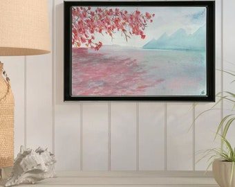 Cherry Tree Over Lake ORIGINAL Watercolor Painting Home Nursery Decor Wall Art