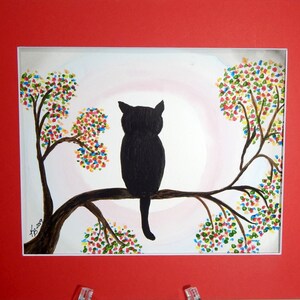 Black Cat in Moonlight in Tree in Original Watercolor Painting Watercolor Paper Mounted and Matted Nursery Home Decor Halloween
