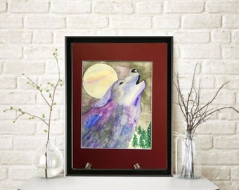 Howling Wolf & Moon Original Watercolor Painting Mounted and Matted Home Nursery Decor Wildlife Wall Art