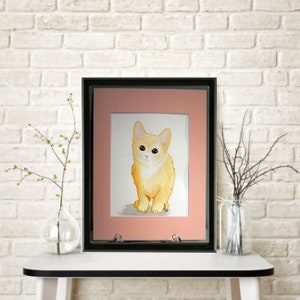 Sweet Golden Kitten with Green Eyes Original Watercolor Painting Mounted and Matted Home Nursery Decor Wall Art