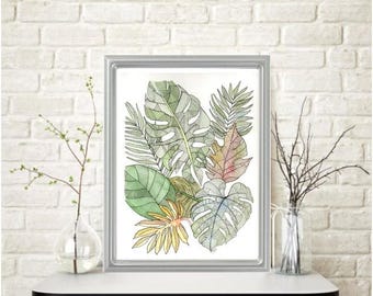 COLORFUL TROPICAL LEAVES Zentangle Watercolor Painting: Signed Floral Art