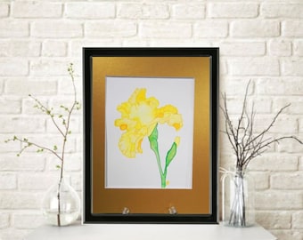 Yellow Iris Flower Original Watercolor Painting Mounted and Matted Home Nursery Decor Wall Art