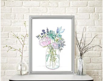 WILDFLOWERS In GLASS JAR Watercolor Painting: Signed Floral Art