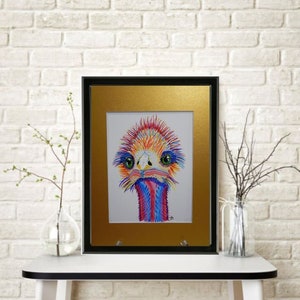 Fanciful Colorful Female Ostrich in Original Watercolor Painting Watercolor Paper Mounted and Matted Nursery Home Decor Wall Art
