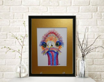 Fanciful Colorful Female Ostrich in Original Watercolor Painting Watercolor Paper Mounted and Matted Nursery Home Decor Wall Art