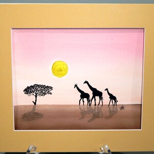 Trio of Giraffes Silhouette in Original Watercolor Painting Watercolor Paper Mounted and Matted Nursery Home Decor Wall Art