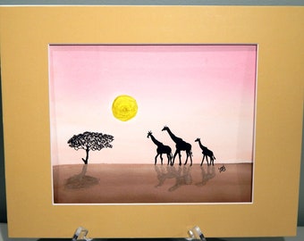Trio of Giraffes Silhouette in Original Watercolor Painting Watercolor Paper Mounted and Matted Nursery Home Decor Wall Art