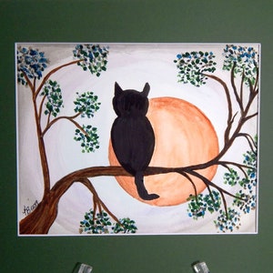 Black Cat in Moonlight in Tree in Original Watercolor Painting Watercolor Paper Mounted and Matted Nursery Home Decor Halloween