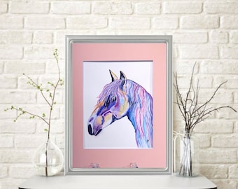 Pastel Pet Horse Silhouette Original Watercolor Painting Mounted and Matted Home Nursery Decor Wall Art