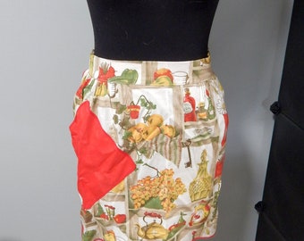 Vintage Hand Made Red Green Cream Cotton Floral HOSTESS APRON Vegetable Pantry Tea Kettle Print