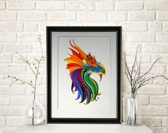 Mythical Fire Dragon Original Watercolor Painting Yellow Orange Red Purple Mounted and Matted Home Nursery Decor Wall Art