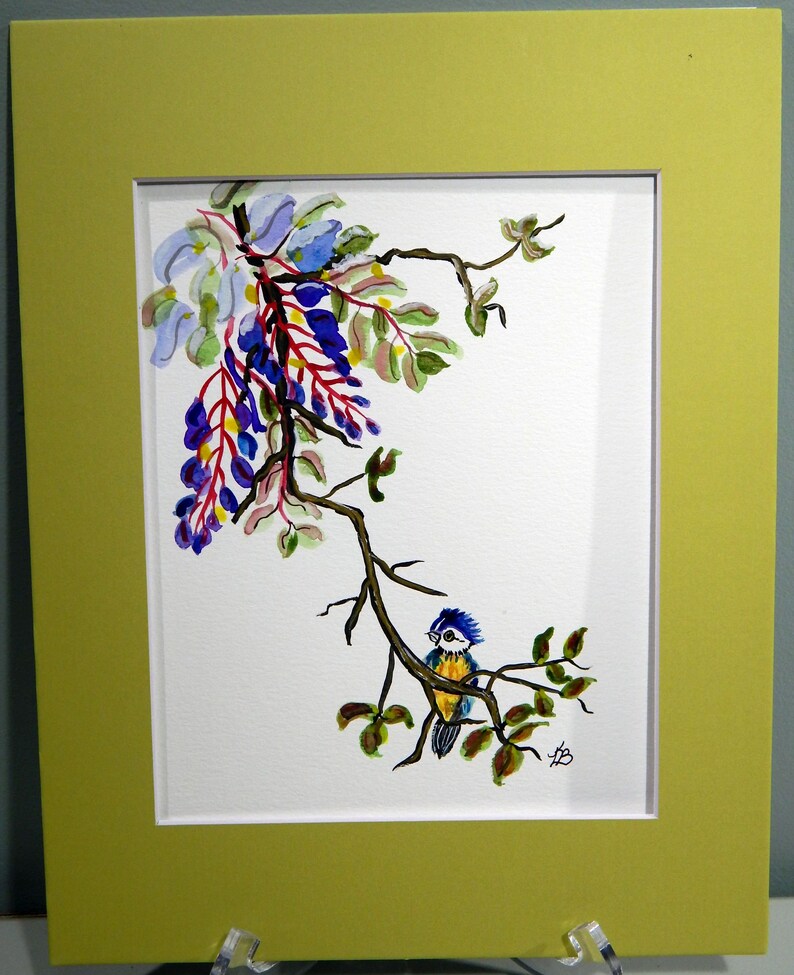 Floral Wisteria /& Eurasian Blue Tit Bird Original Watercolor Painting Mounted and Matted Home Nursery Decor Wall Art
