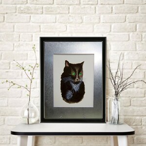 Tuxedo Black Cat Original Watercolor Painting Watercolor Paper Mounted and Matted Home Decor Wall Art