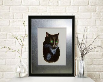 Tuxedo Black Cat Original Watercolor Painting Watercolor Paper Mounted and Matted Home Decor Wall Art