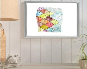 Original Colorful Swimming TROPICAL OCEAN FISH Watercolor Painting: Signed Art