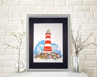 Watercolor Painting Lighthouse on Colored Rocks with Waves Mounted/Matted Modern Art Nursery Office Art