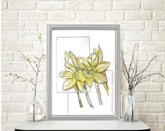 STYLIZED YELLOW DAFFODILS Watercolor Painting: Signed Art