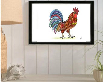 Original ZENTANGLE METALLIC ROOSTER Watercolor Painting: Signed Art