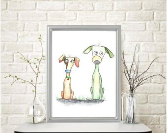 Pair of WHIMSICAL PLAYFUL DOGS Watercolor Painting: Signed Canine Art