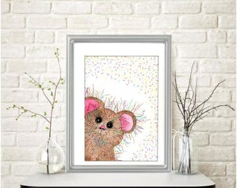 FRAZZLED MOUSE Watercolor Painting: Signed Art
