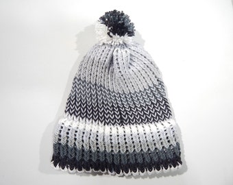 Handmade ACRYLIC Knit Winter Ski Hat Cap Beanie Variegated Gray/Grey Black and Silver Child / Teen / Adult Unisex Large
