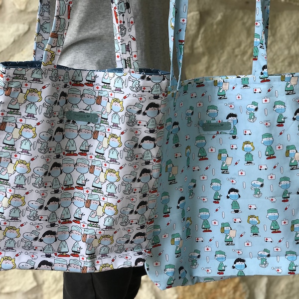 Medical Health Peanuts Print Cotton Tote Bag -Reversible shoulder market bag -Carry on the go foldable Eco Friendly Fully lined bag