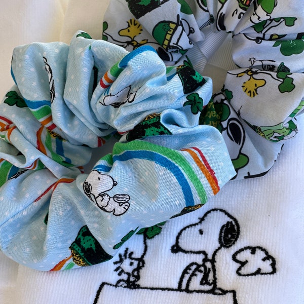 Lucky Snoopy Scrunchie- shamrock green hair tie- St. Patrick handmade gift- luck of the Irish hair accessory