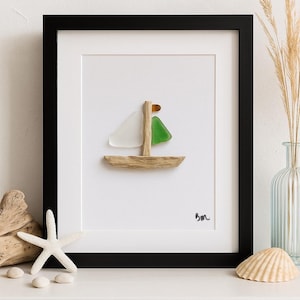 Framed Sea Glass Art: Handmade Nova Scotia Driftwood Coastal Decor