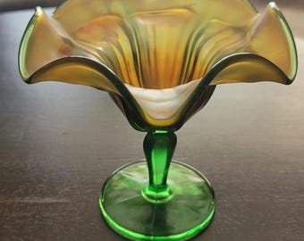 Vintage Green Carnival Glass Ruffled Footed Compote - Iridescent Ribbed / Fluted Bowl - 6" Diameter