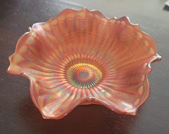 LAST CALL** Vintage Marigold Carnival Glass Ruffled Bowl - Iridescent Ribbed/Fan Pattern Pedestal Dish