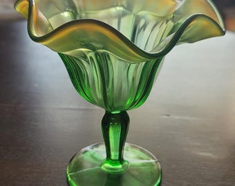 Vintage Green Carnival Glass Ruffled Footed Compote - Iridescent Ribbed / Fluted Dessert Dish - 5.5" Tall