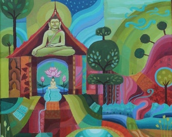 Original Painting on Canvas Buddha Landscape Meditation Painting Spiritual Art