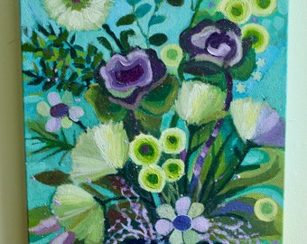 Kleine paarse en witte bloem schilderij op canvas acryl floral painting art gift