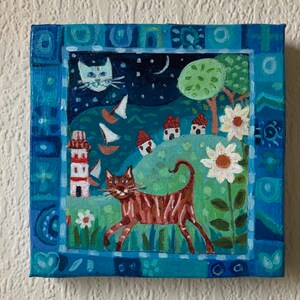 Cat in the Moon Miniature Acrylic Painting on Wood Nursery Children&#39;s Art