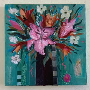 Flower Power Acrylic Mixed media Collage Flower Painting Flower Vase Flower Art Art Gift