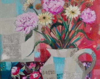Original Peony Still Life Painting: Acrylic Fine Art Canvas
