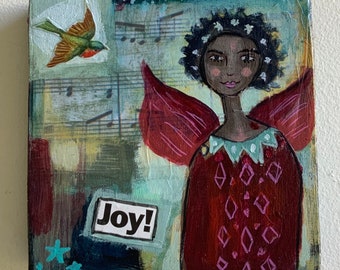 Angel of Joy Painting on Wood Panel, Christmas Decoration