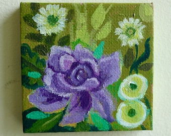 Mini Canvas Floral Painting Original Acrylic Painting Purple Flower Art Gift 7 x 7 cm/3 x 3 ins Stocking Filler Christmas Gift
