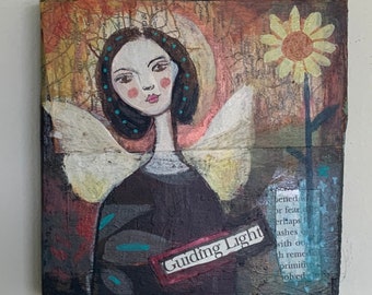 Angel of Light Acrylic Painting, Small Wood Panel Christmas Decoration