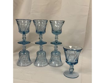 Set of 7 Vintage Fostoria Jamestown Blue 4.5" Wine or Cordial Glasses