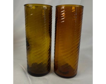 Set of 2 Vintage Mexican Amber Hand-Blown Swirl Highball Glasses