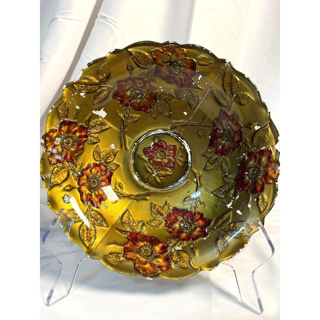 Antique Goofus Glass Bowl | Victorian Red & Gold Rose Floral Pattern