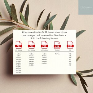 May include: A white sheet of paper with a text description of 32 frame sizes for prints. The text is organized into five columns labeled "2:3 Ratios", "3:4 Ratios", "4:5 Ratios", "11x14in.", and "ISO". Each column lists the different frame sizes in inches.