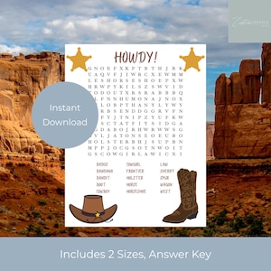 Old West Word Search Activity Page, Printable PDF, Fun Kids Game, Western Themed Activity