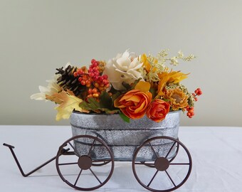 Galvanized Wagon Autumn Floral Arrangement, Fall Centerpiece