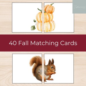 Pode incluir: Um conjunto de 40 cartões de correspondência de outono. Os cartões apresentam ilustrações em aquarela de abóboras e um esquilo. O texto "40 Fall Matching Cards" é exibido em um fundo bordô.